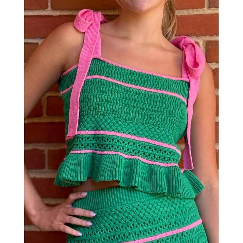 NEW DAY + MOON crochet knit cropped sweater tank in green / pink